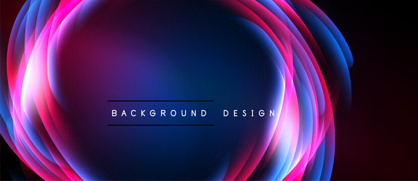 Abstract neon layers create vibrant oval shape. Dark background emphasizes glowing colors, modern design element.