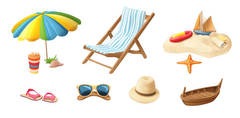 A beach scene featuring a colorful umbrella. a wooden deck chair. a sandy area with a small boat. a starfish. sunglasses. a sun hat. and a refreshing drink. perfect for summer-themed designs