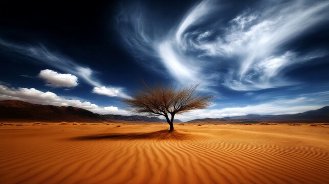 Bare tree stands alone in the sandy desert under a dramatic blue sky with wispy white clouds. - Powered by Adobe