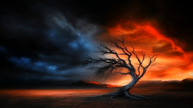 Bare tree stands alone on cracked earth under a sky divided between stormy blue clouds and fiery orange clouds.