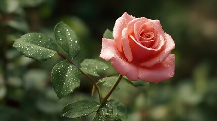 A delicate pink rose glistens with dew drops on its petals and leaves in a natural garden setting