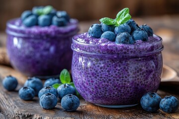 Two jars with violet chia pudding, blueberries and mint leaves on wood. Showcase delicious healthy dessert for food blogs, diet recipes, and menus.