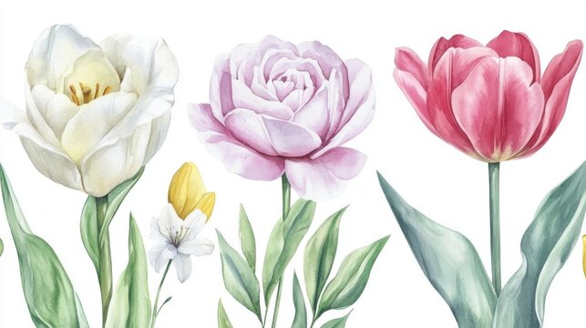 Watercolor floral bouquet design with tulips, peony, and small white blossoms - Powered by Adobe