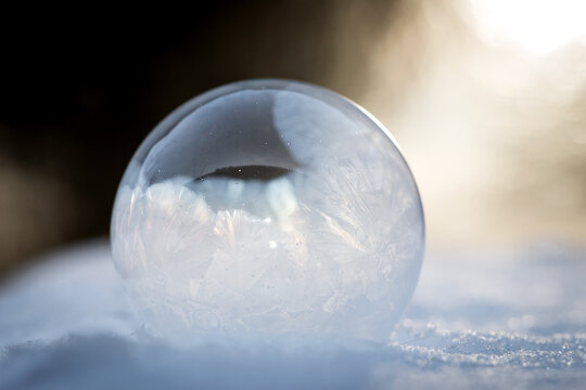 A frozen bubble in the snow. Beautiful frosty patterns on a frozen soap bubble. winter, frosty background. Frozen bubble. soap bubble on snow close up. winter season, cold time. macro photo