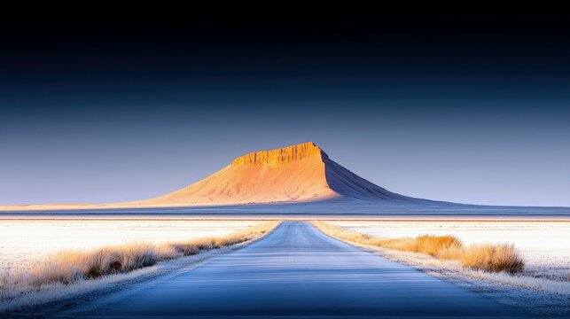 A solitary road stretches towards a flat-topped mountain illuminated by the warm glow of sunrise, set against a vast, frost-covered plain.