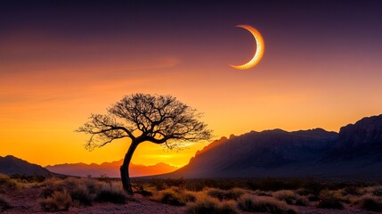 Bare tree stands silhouetted against an orange sunset in a desert landscape with a crescent moon.