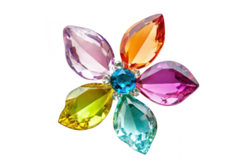 A and colorful flower-shaped brooch made of various gemstones. a stunning array of hues including purple. orange. green. and blue. perfect for jewelry enthusiasts or fashion accessories