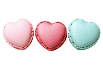 A delightful arrangement of heart-shaped macarons in soft pastel colors of pink and blue. set against a clean white background. perfect for romantic occasions or dessert-themed projects