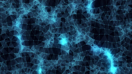 Dark cyberspace in digital background. Abstract technology wave with motion glowing dots and lines with top view. Connection big data. Futuristic wireframe texture. 3D rendering.