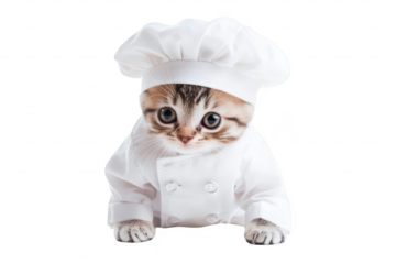 A playful kitten dressed in a chefs uniform with a white hat. ready to cook. set against a clean white background. evoking a fun and whimsical atmosphere for culinary-themed content