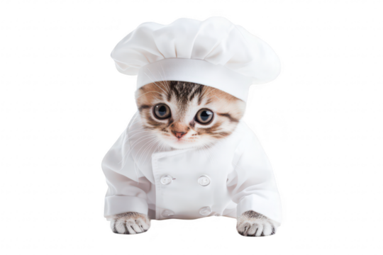 A playful kitten dressed in a chefs uniform with a white hat. ready to cook. set against a clean white background. evoking a fun and whimsical atmosphere for culinary-themed content