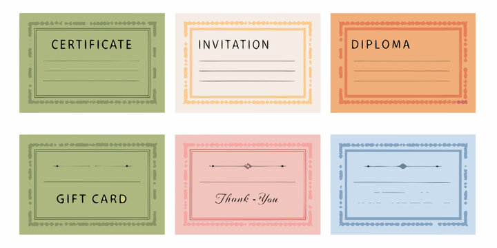 Set of six vintage style templates for certificate invitation diploma gift card and thank you notes