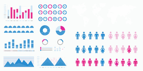 Data visualization and infographics elements with charts graphs and human icons on white background
