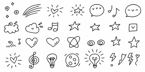Hand drawn doodle elements and symbols in black and white for design and decoration