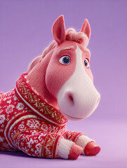 Festive horse with big eyes and a cheerful smile, resting in red holiday attire against a soft lavender background