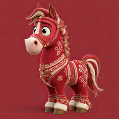 Festive and cheerful horse in red attire celebrating Chinese New Year with vibrant energy in the year of the horse