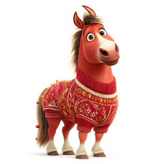 Festive cartoon horse in a vibrant red sweater celebrating Chinese New Year with joy and charm