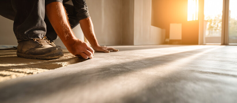 worker installing modern granite flooring in modern living room