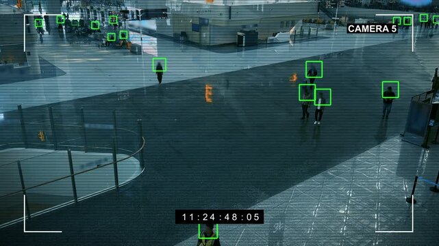 Motion detection system surveillance camera recognizes people using big data and artificial intelligence. CCTV camera identifies people's faces and objects at the airport. Facial recognition scans, 4k