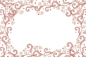 Rectangular frame with folklore branches. Isolated watercolor illustration for flower shop business cards, cosmetic packaging, poster printing, and Christmas card design.