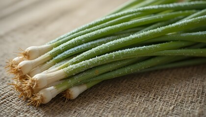 fresh green onions on wooden table