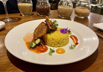 Close-up of gourmet dish with yellow rice and grilled meat on a