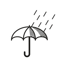 Minimalist Umbrella with Rain Outline Vector Icon. Hand Drawn Sketch Style Weather Clipart. Protection and Insurance Concept Line Art.