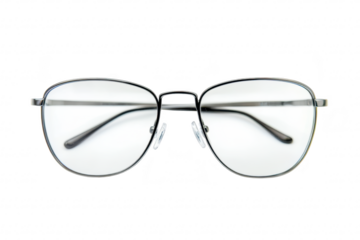 A pair of stylish. minimalist eyeglasses with a sleek black frame and clear lenses. positioned symmetrically against a plain white background. ideal for eyewear design