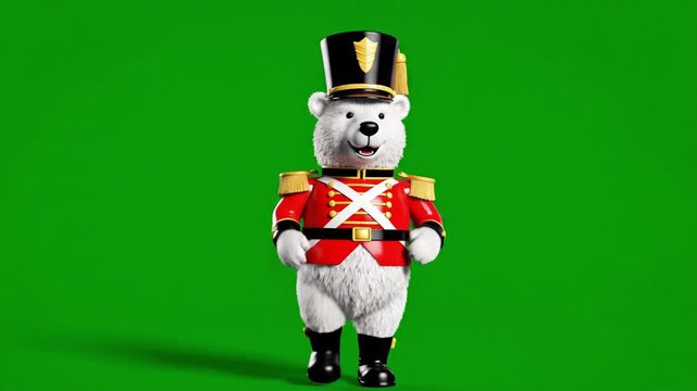 High-Quality 3D Animated Polar Bear Character Walking on a Green Screen, Dressed as a Festive Toy Soldier or Nutcracker for Holiday Advertising.