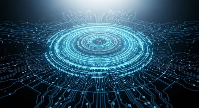 Futuristic technology background with glowing blue digital circuit board and data flow, symbolizing advanced computing, artificial intelligence, and network connectivity.