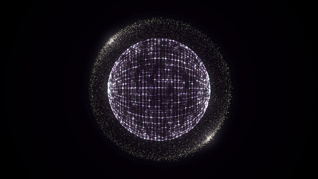 Futuristic sci-fi sphere in space. Technology circle a network connection big data. Digital ai background with particles. Abstract frame ball. 3D wireframe geometric sphere. 3D rendering.