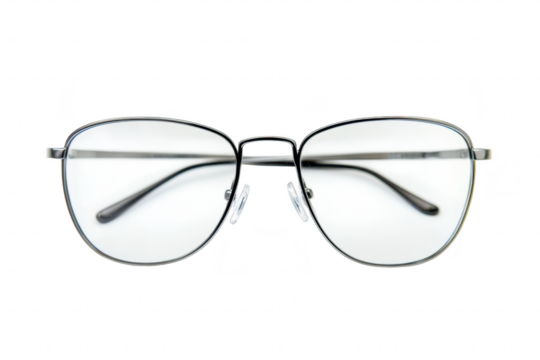 A pair of stylish. minimalist eyeglasses with a sleek black frame and clear lenses. positioned symmetrically against a plain white background. ideal for eyewear design