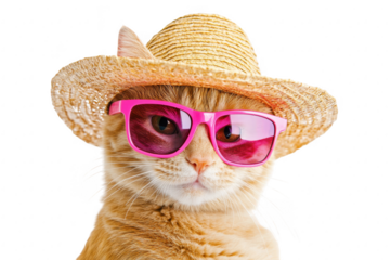 A charming orange cat wearing a straw hat and pink sunglasses. posing playfully against a clean white background. perfect for summer-themed pet photography or fun lifestyle content