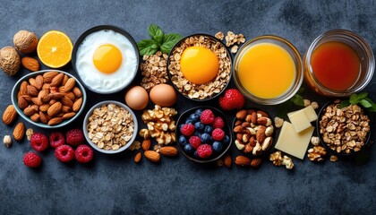 Various healthy foods arranged on dark slate background, top view. Use it for articles or blogs about healthy breakfast recipes.