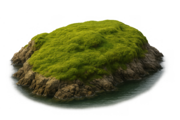 Small island covered with vibrant green moss, floating in water, appearing isolated and tranquil, transparent background cutout