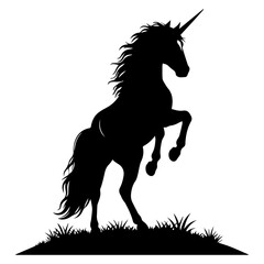 Silhouette of a rearing unicorn with flowing mane and a grassy ground detail