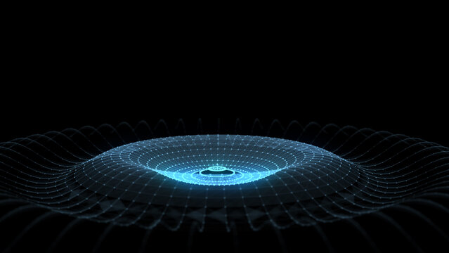 3D abstract circle music wave with dots and lines. Futuristic technology background. Graphic effect network connection data. Glowing round sound with dark cyberspace. 3D rendering.