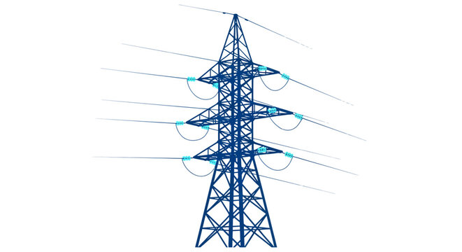 Blue electricity pylon with transmission lines no background