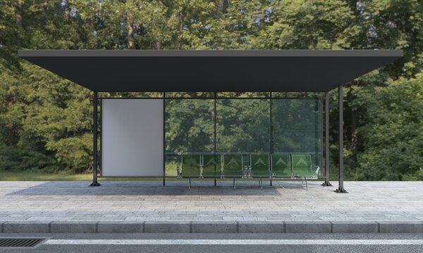 Modern bus stop with blank billboard for dynamic advertising campaign in a lush urban setting for city travel ads
