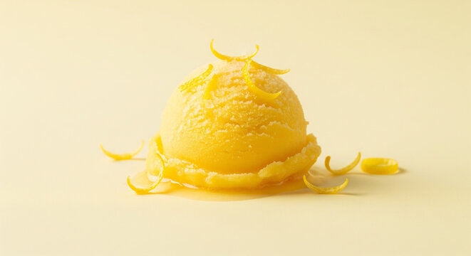 Vibrant lemon sorbet scoop with fresh zest curls on pastel yellow background. Perfect refreshing summer dessert image for menus and branding