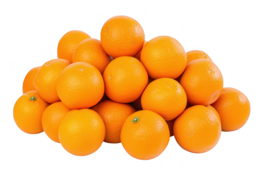 A pile of fresh. juicy oranges stacked neatly against a clean white background. their bright color and textured skin. ideal for health food promotions or culinary uses