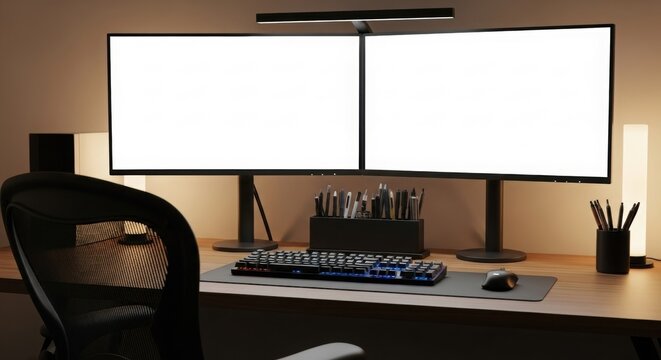 Clean minimalist desk setup with dual monitors, keyboard, office chair, and organized stationery in warm ambient lighting.