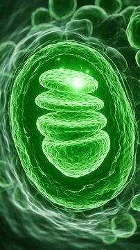 A detailed image of a green biological cell, close-up with a central stack of discs