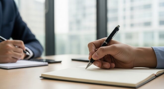 Business meeting close-up of hands writing notes during a professional discussion in a modern office setting.