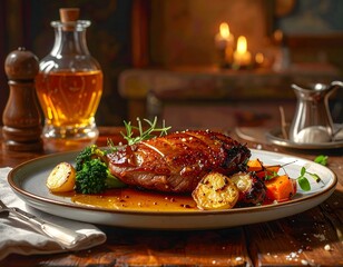 Traditionell gegrilltes Entenbrust mit Haut serviert mit Bratkartoffeln. Festliche Stimmung.