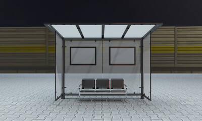 Modern bus stop with blank frames for ads, perfect for urban planning or transportation projects