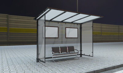 Naklejka premium Modern bus stop with blank advertising posters awaits passengers at night offering shelter and branding opportunities