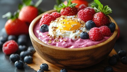 Close-up of a vibrant smoothie bowl with fresh berries and sunny side egg. Great image for healthy eating, breakfast, and delicious food concepts.