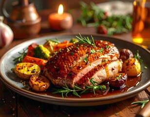 Traditionell gegrilltes Entenbrust mit Haut serviert mit Bratkartoffeln. Festliche Stimmung.