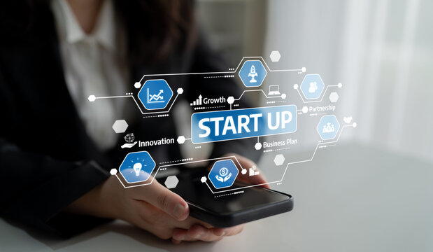 A business professional focusing on startup strategy while using a smartphone, surrounded by digital icons symbolizing innovation, growth, and collaboration. Tessel